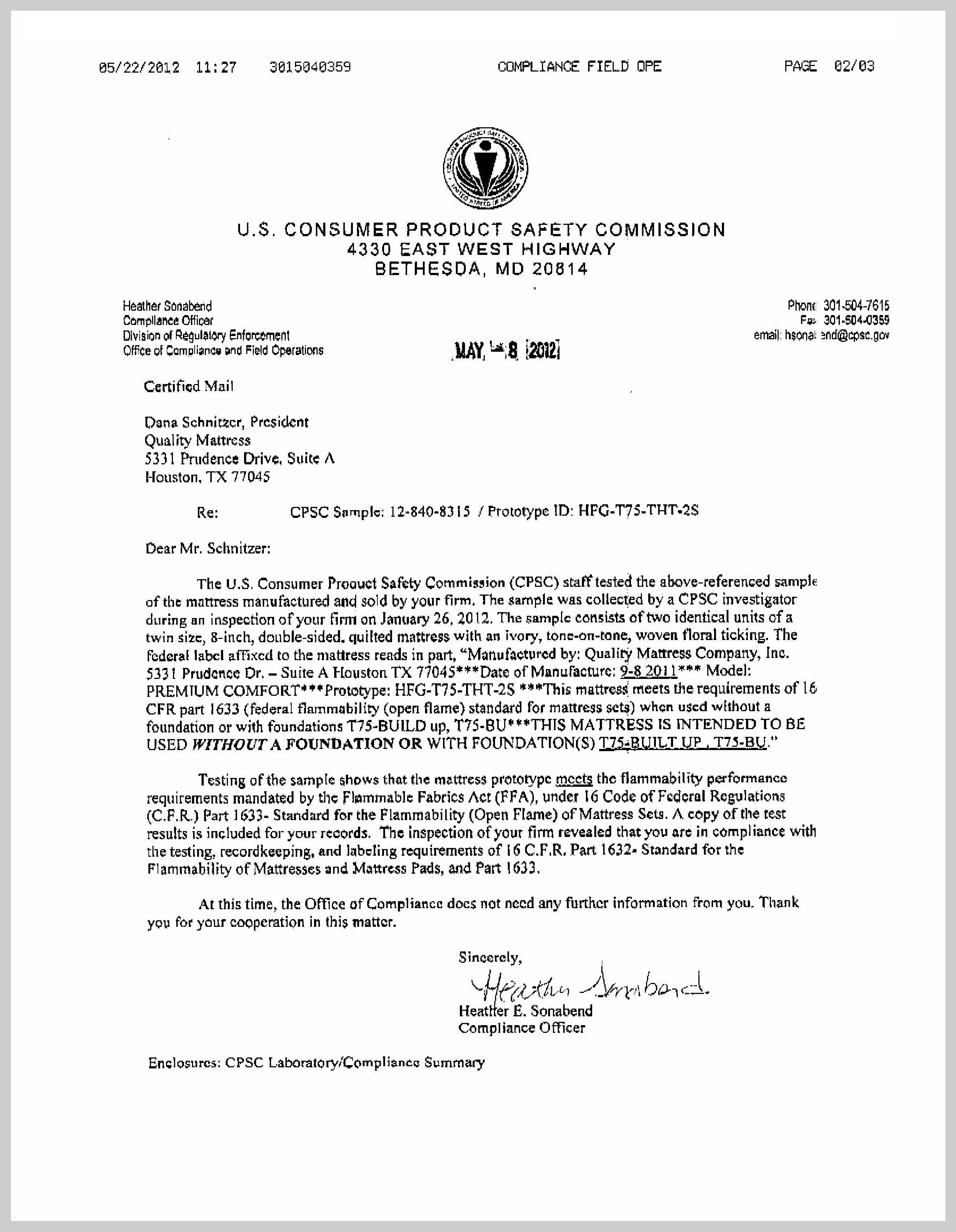 CPSC Inspection Certification Letter